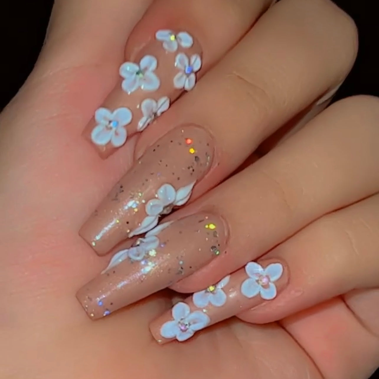 Nude Sparkle with 3D Acrylic flowers