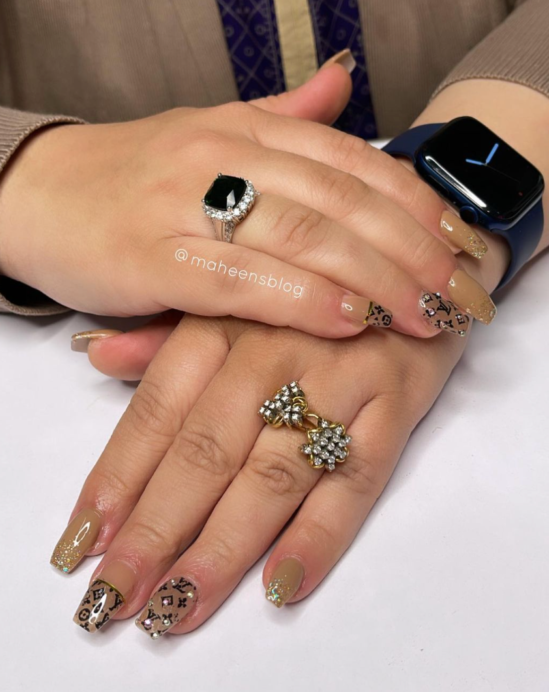 LV nails with crystals and Glitter