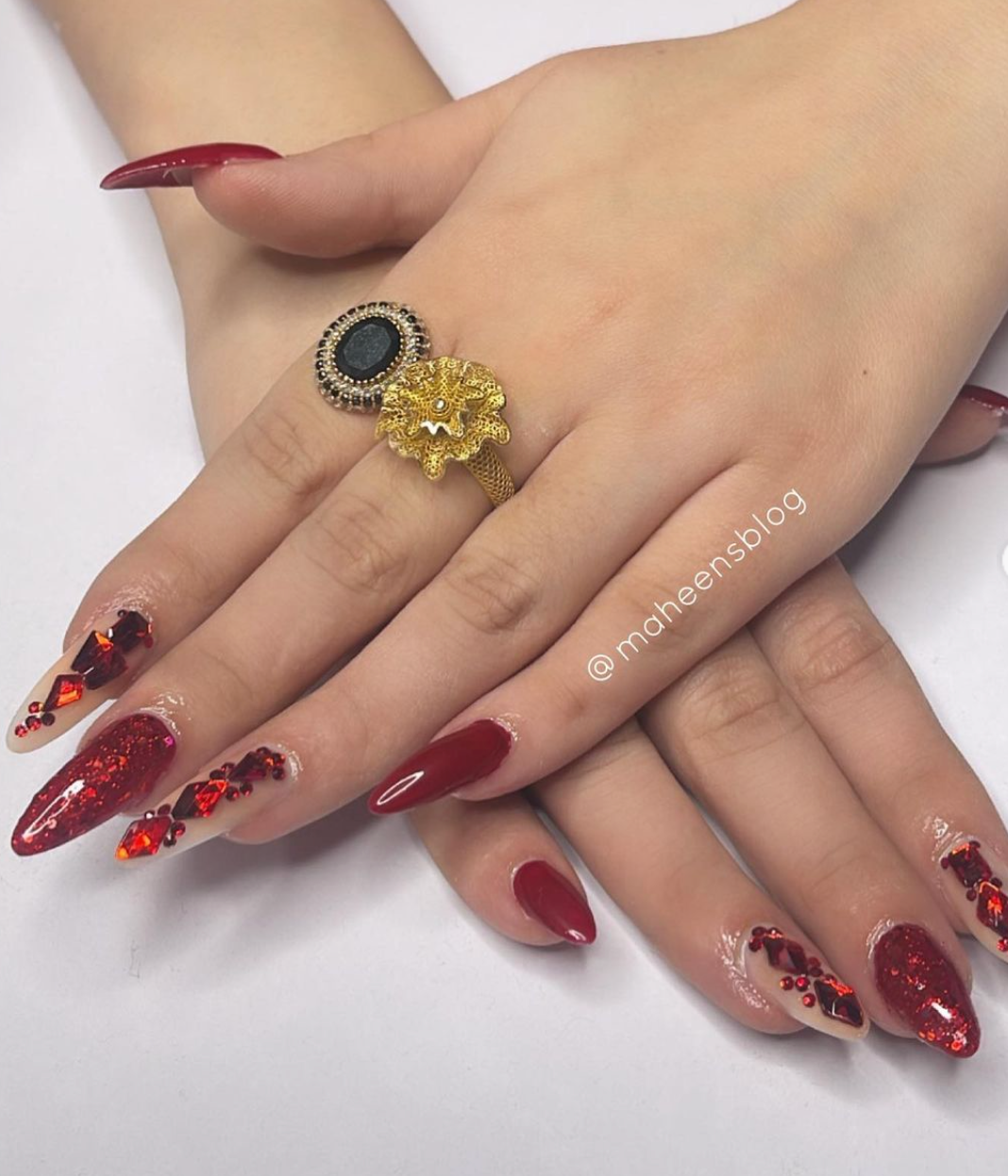 Holographic Maroon and Nude nails with Deep Red Crystals