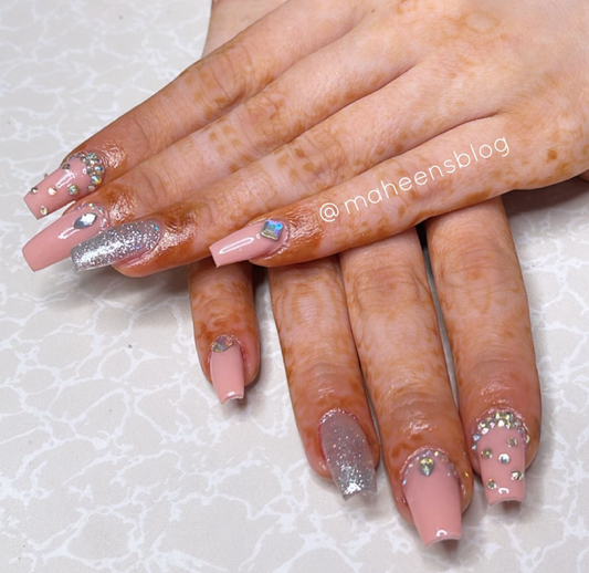 Baby Pink Nails with Holographic Glitter and Crystals