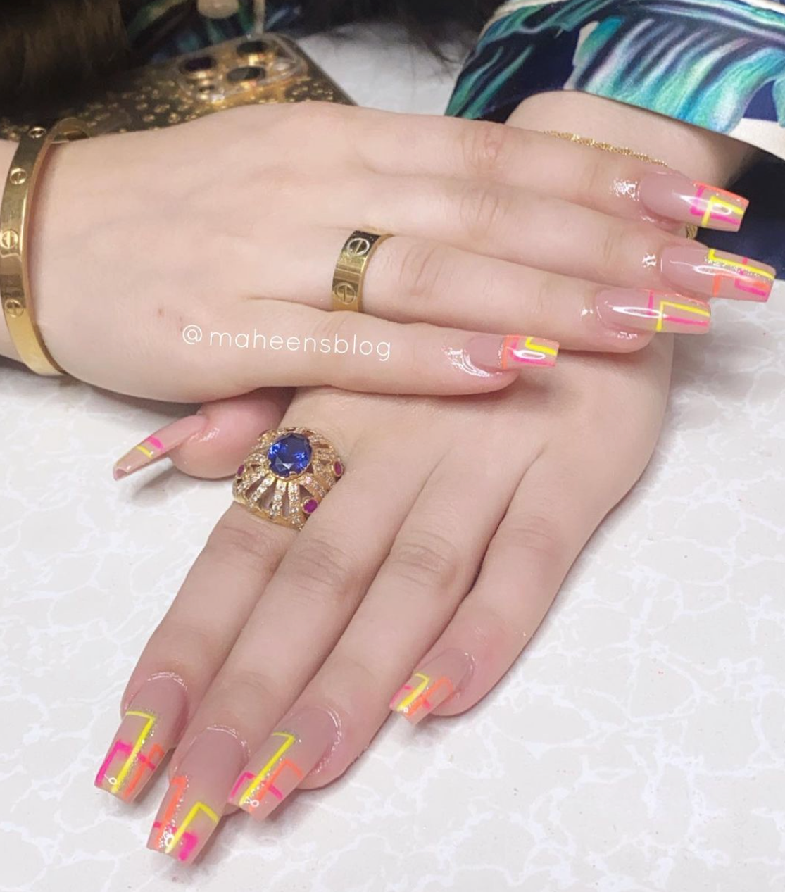 Nude Nails with Neon geometric lines