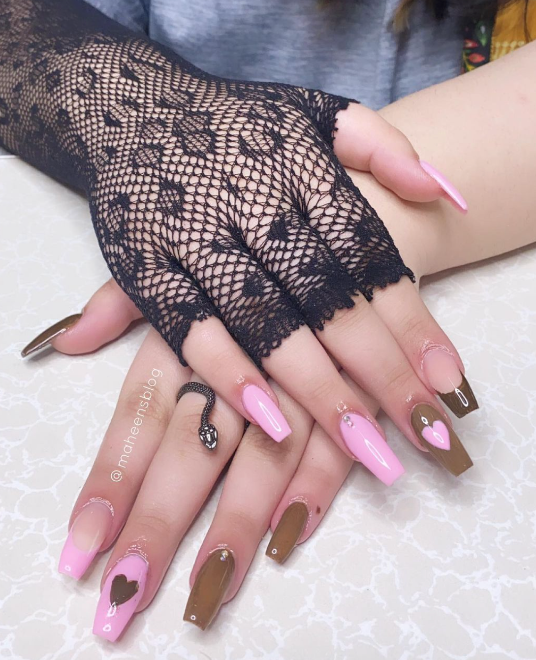 Pink and Brown Heart Nails