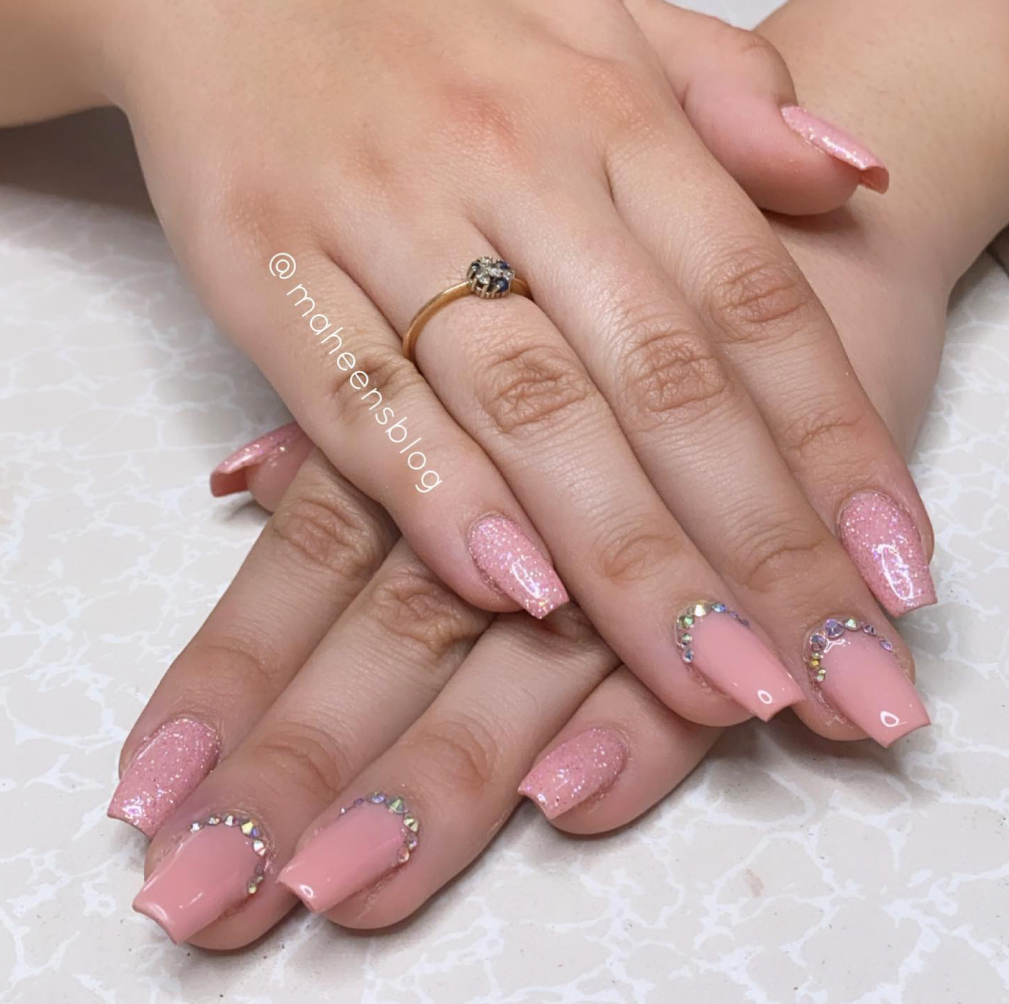 Pink glitter nails with crystals