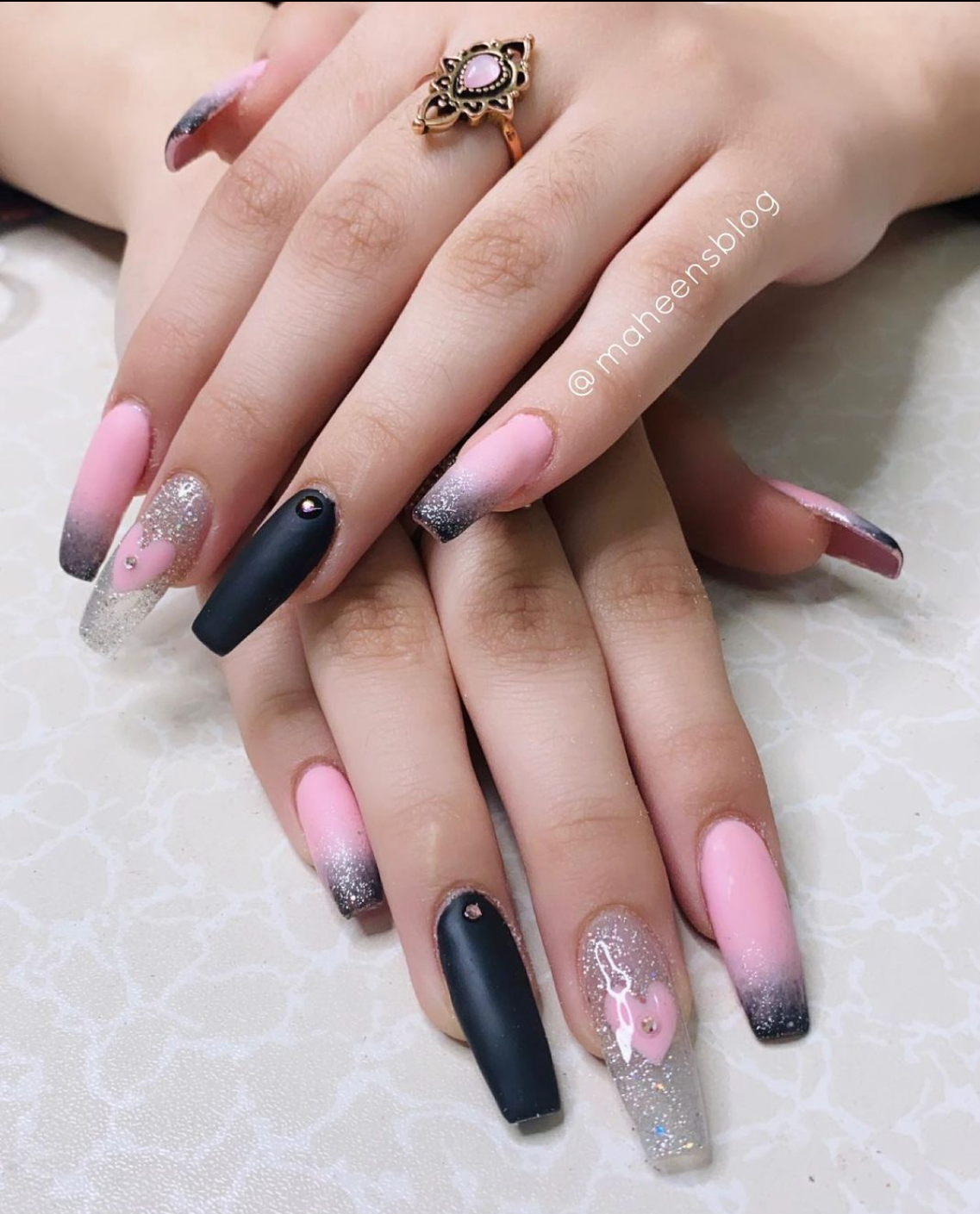 Pink and Black Heart nails