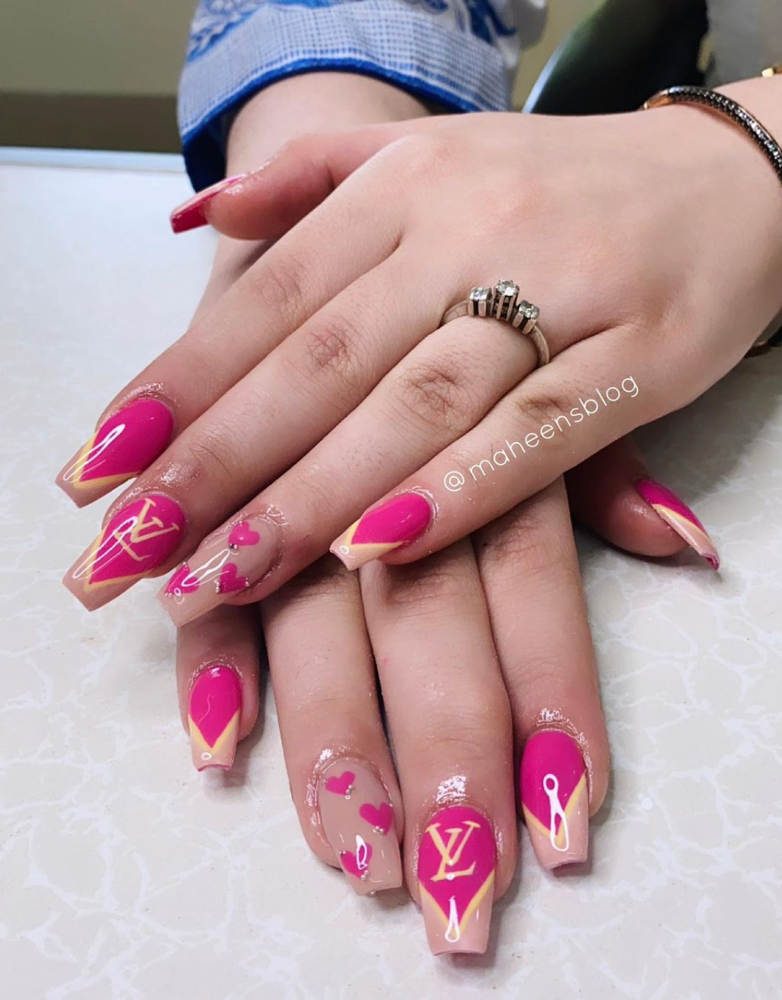 Pink and Yellow LV Nails