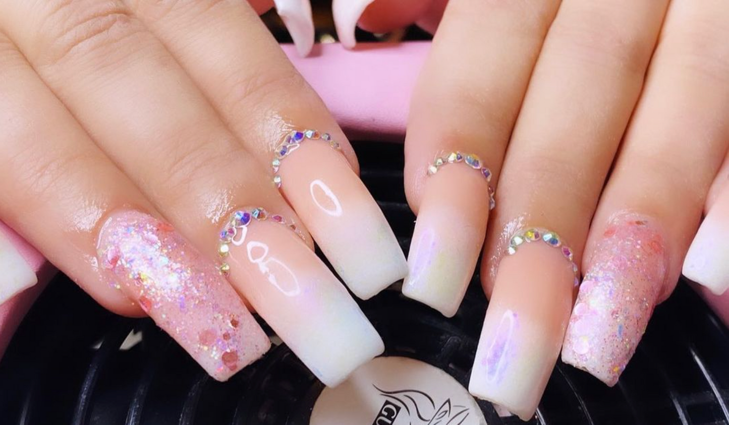 Ombre with crystals and pink glitter