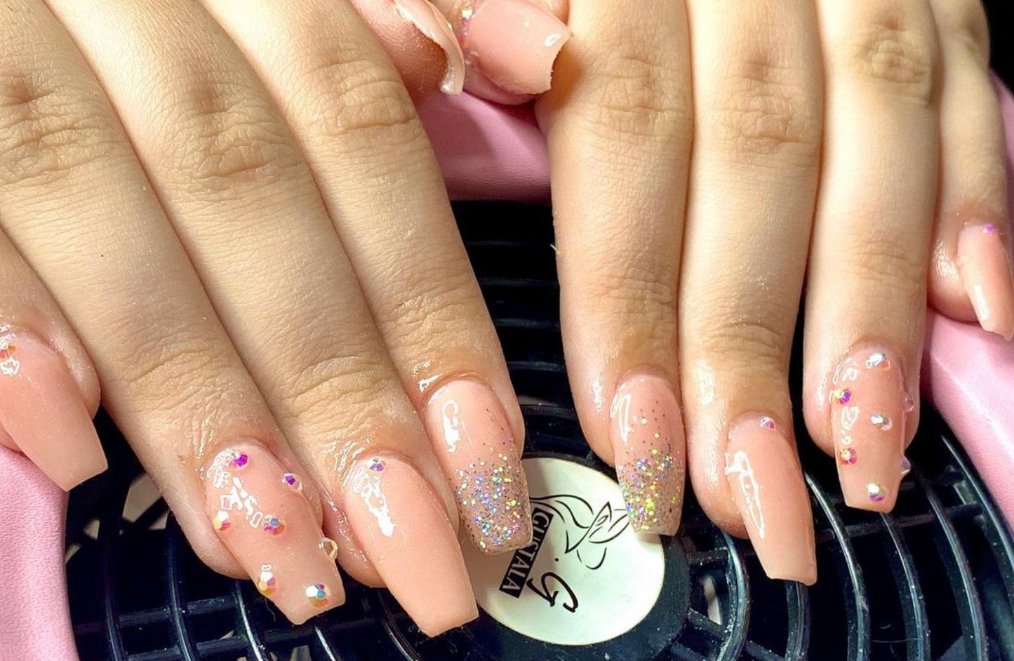 Pinkish Nude nails with Holographic flakes and crystals