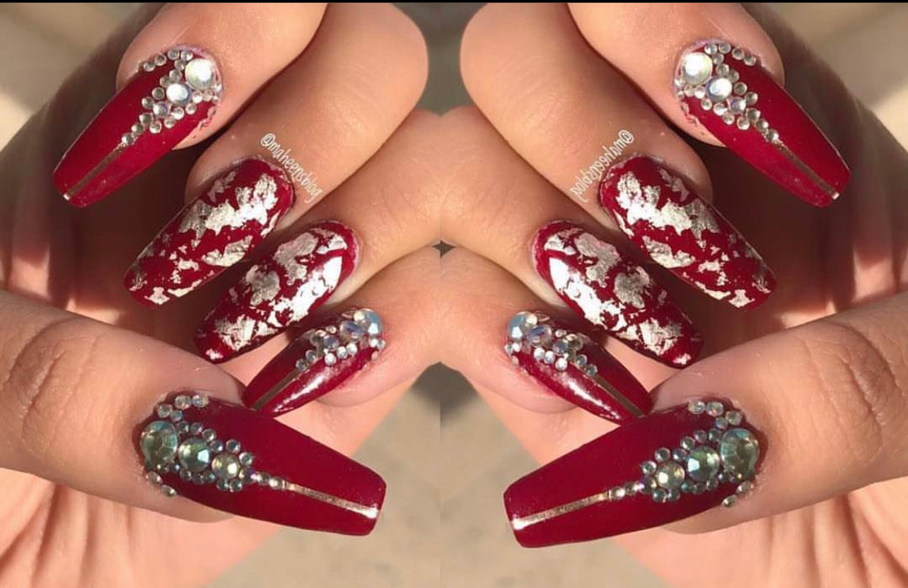 Maroon Nails with Silver Flakes and Crystals